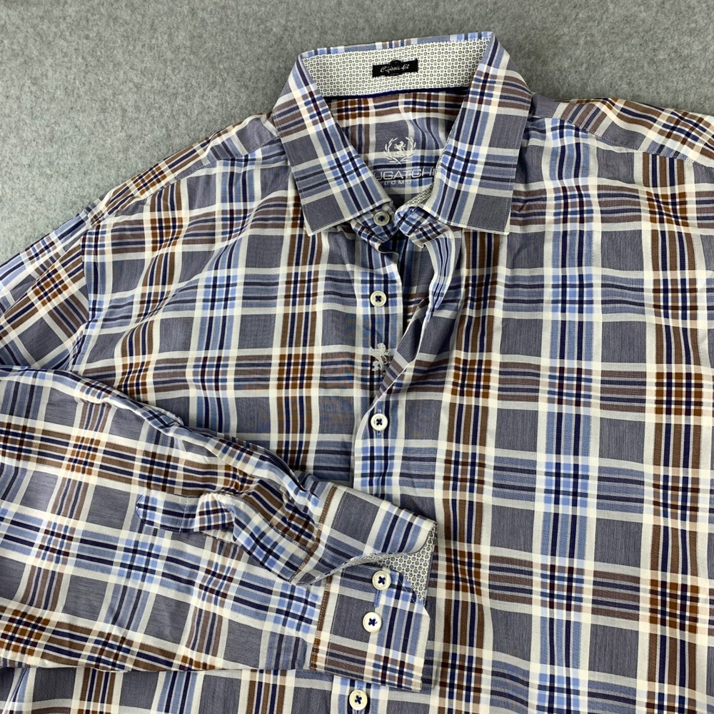 Bugatchi Uomo Button Down Shirt Mens L Blue Brown Plaid Classic Fit Long Sleeve